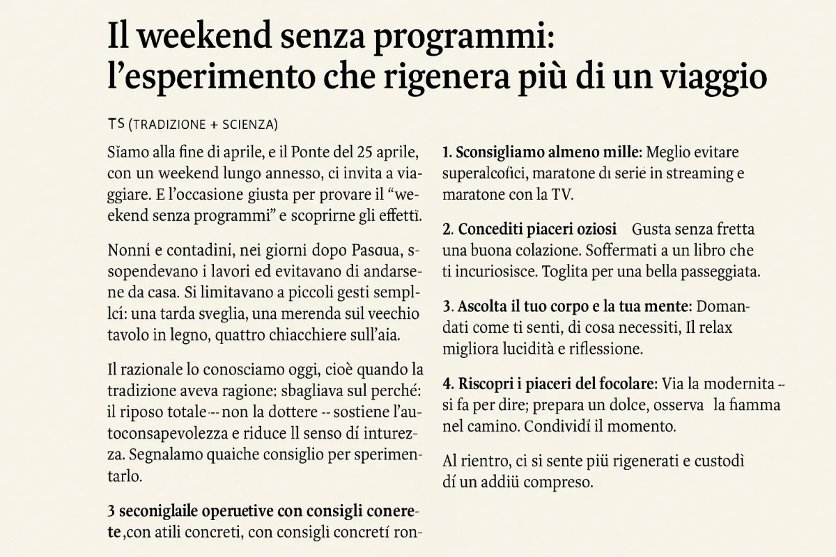 Il weekend senza programmi: l'esperimento che rigenera più di un viaggio